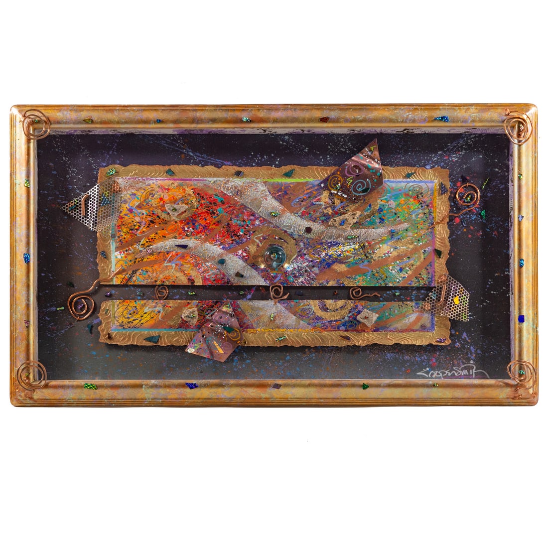 Justin Coppersmith. Abstract Assemblage, mixed media: (American, b. 1950) Mixed media assemblage framed under glass, sight size: 25 1/2 x 47 1/4 in., framed size: 30 1/2 x 52 1/2 in.