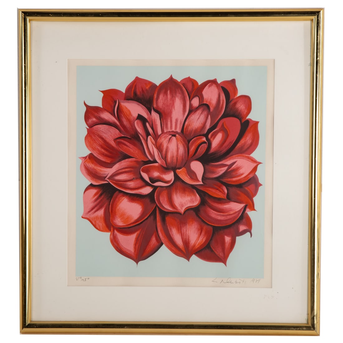 Lowell Nesbitt. "Red Dahlia," serigraph: (American, 1933-1993) Serigraph in colors, 1981, ed. 219/250, signed and dated lr, sight size: 21 1/2 x 19 in., framed size: 30 3/4 x 28 1/2 in.