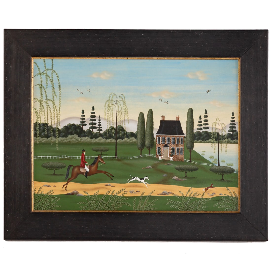 American School. Fox Hunting Scene, oil: (20th century) Oil on panel, signed "E. Duvall" and dated "03" lr, sight size: 20 x 27 in., framed size: 27 3/4 x 34 1/2 in.