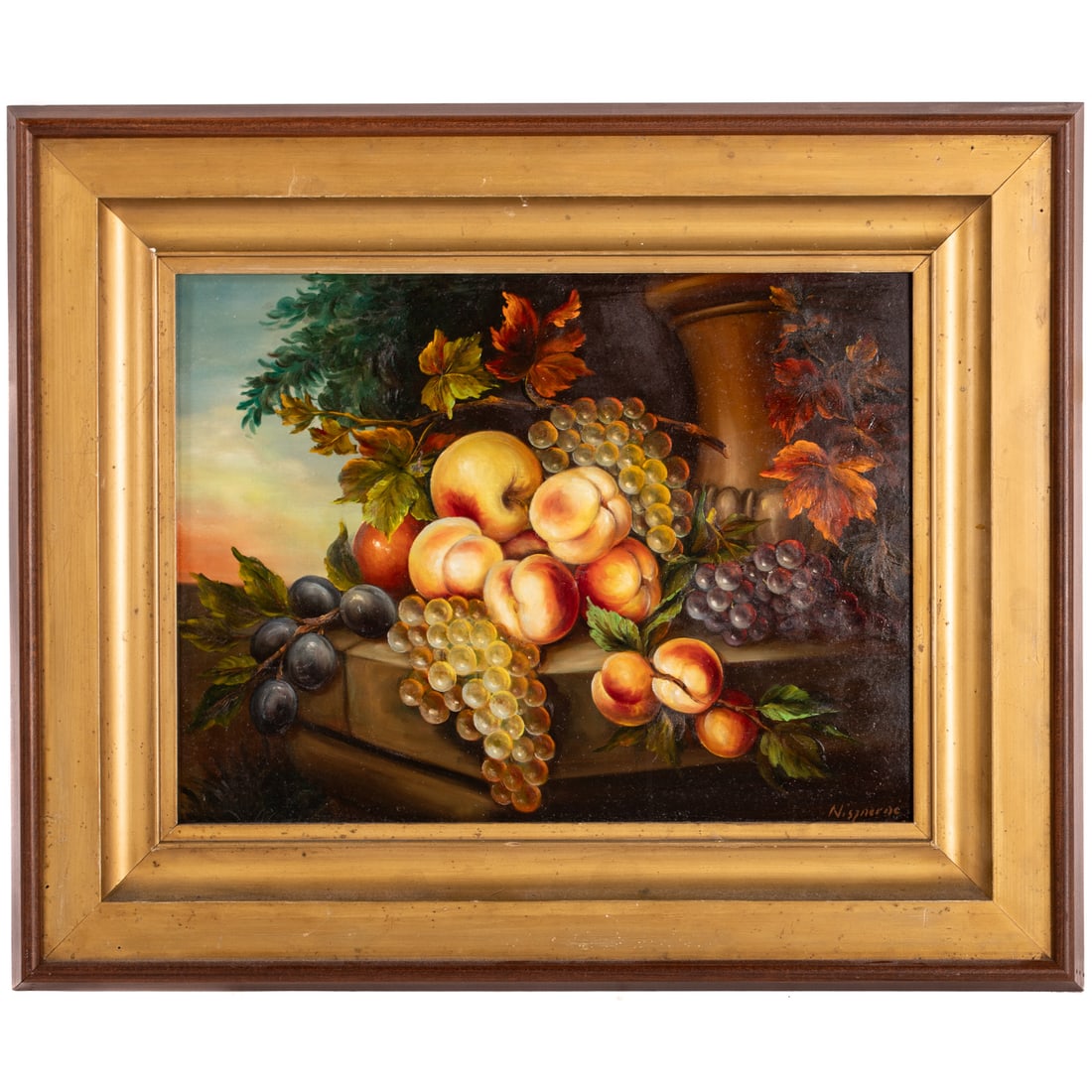 Continental School. Still Life with Fruit, oil: (20th century) Oil on panel, signed lr, sight size: 11 1/2 x 15 1/2 in., framed size: 18 3/4 x 23 in.
