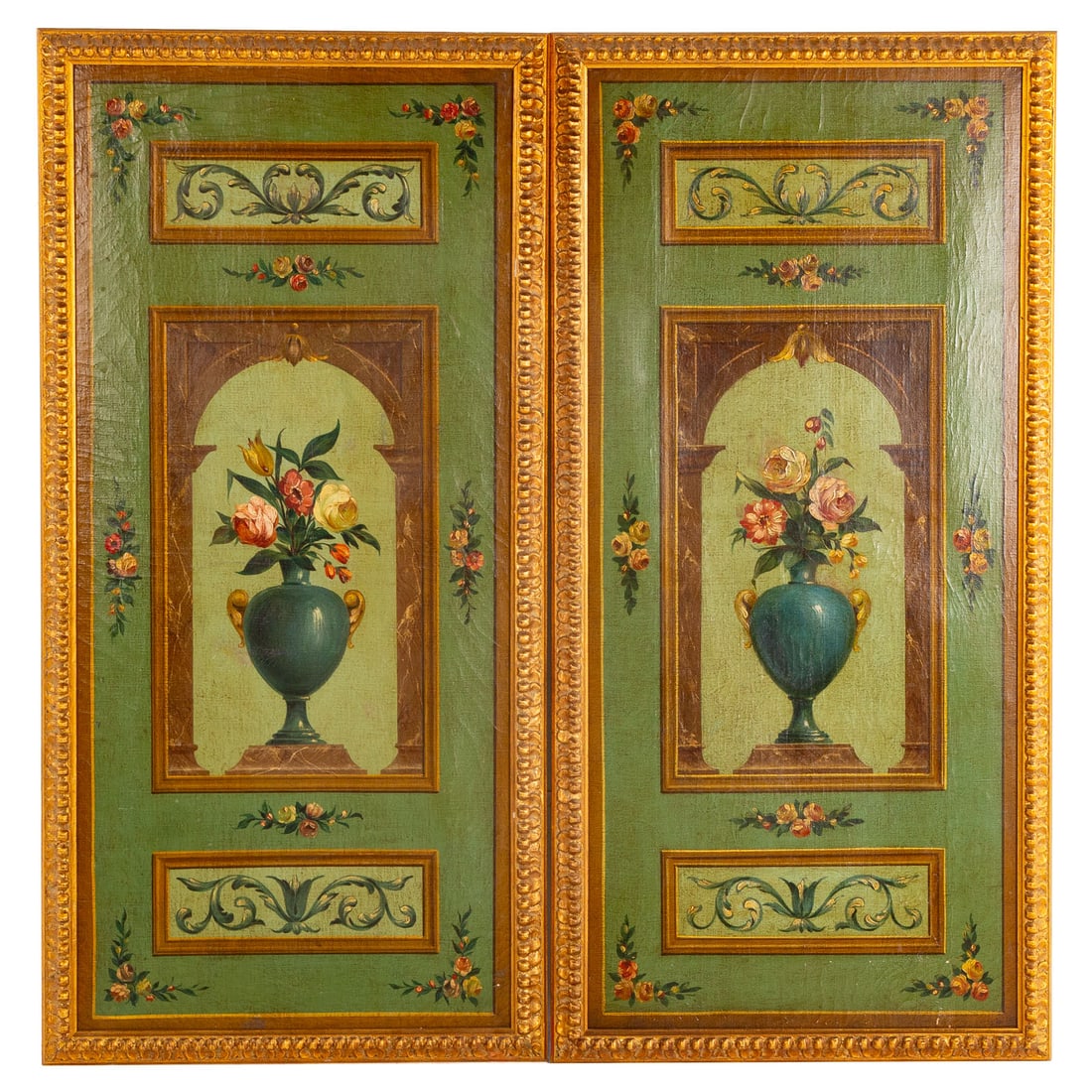 Italian School. A Pair of Decorative Panels, oil: (20th century) Oil on canvas, unsigned, sight size of each: 47 1/4 x 21 1/4 in., framed size: 51 x 24 1/2