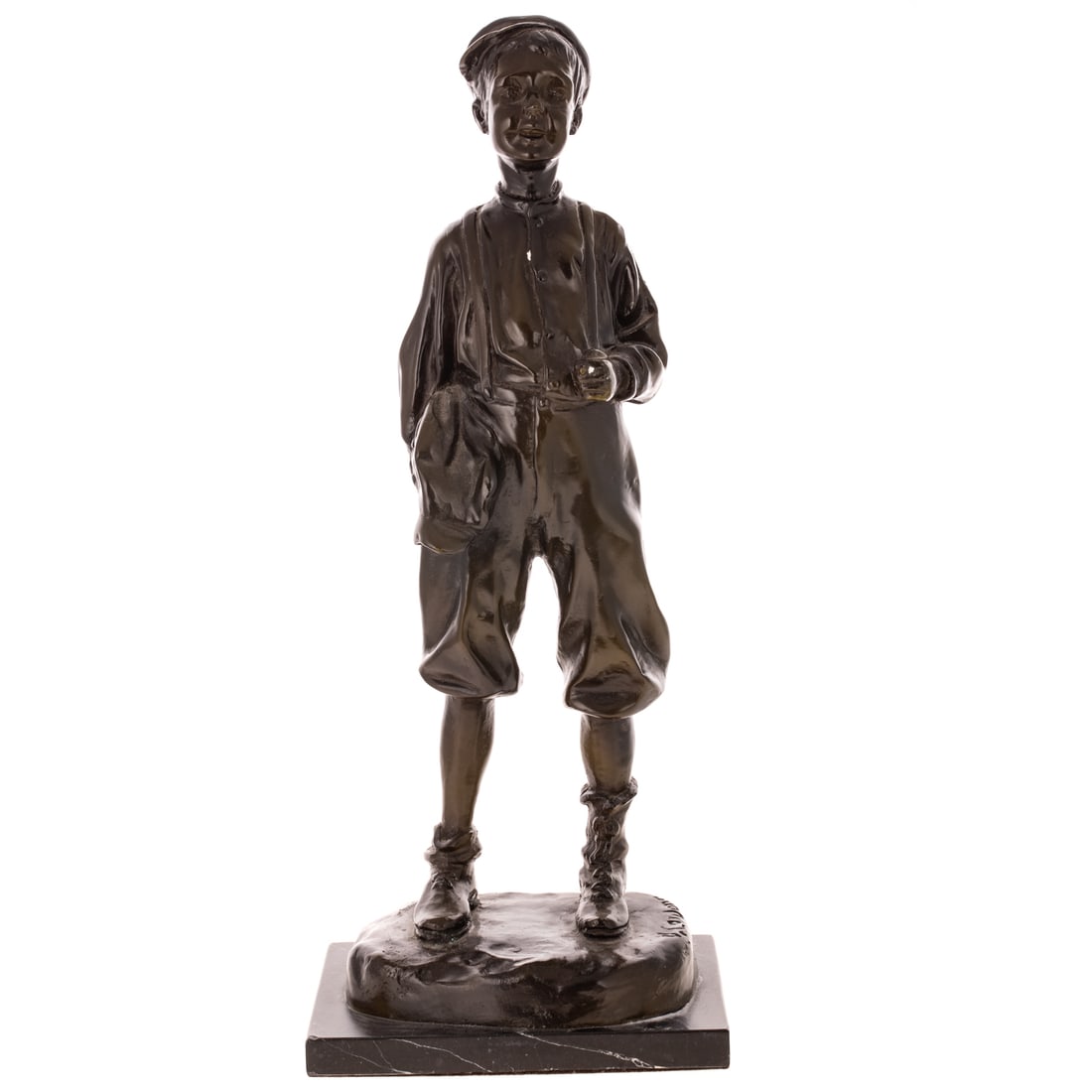 A Josep Cardona Bronze Sculpture of a Boy: Patinated bronze sculpture of a standing boy by Josep Cardona (Spanish 1878 - 1922) signed, on marble base, 19 1/2 in. H overall