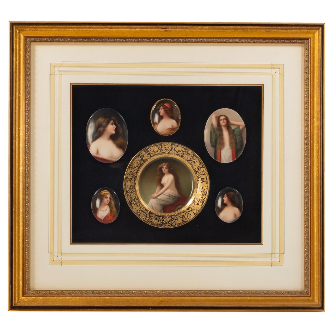 A Selection of Framed Painted Porcelain Ladies: Late 19th century/early 20th century, plate entitled "Solitude" after Angelo Asti by Wagner, signed, together with five painted porcelain plaques of beauties, at least two signed Wagner, all