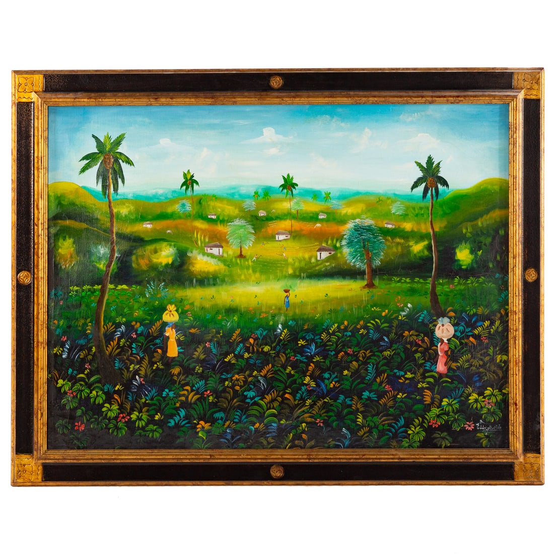 Eddy Jean-Baptiste. Rural Landscape, oil: (Haitian School, 20th century) Oil on linen stretched over canvas, signed lr, sight size: 29 1/2 x 39 1/2 in., framed size: 36 x 46 in.