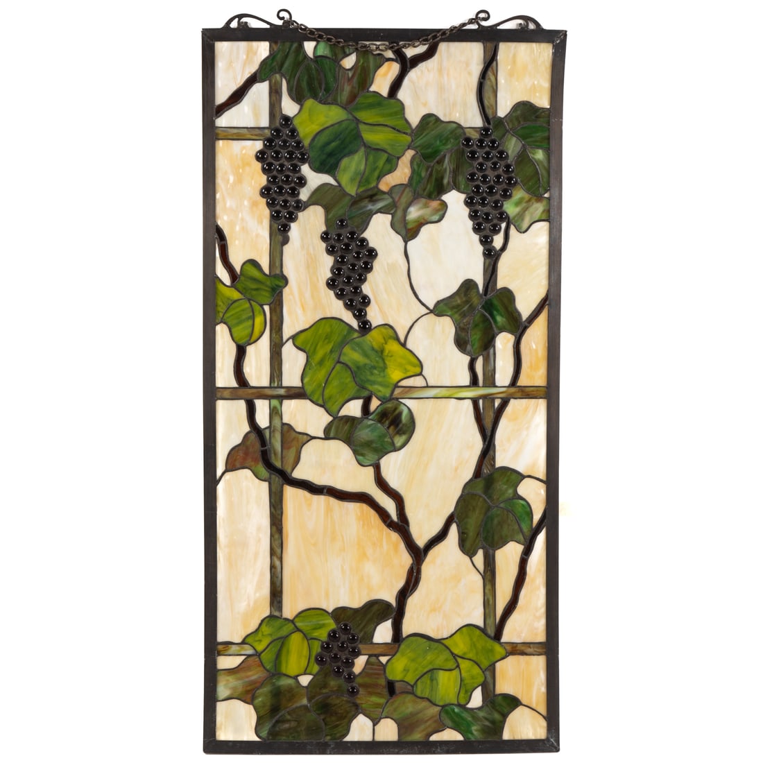 Modern Stained Glass Panel with Grapevines: Leaded stained glass panel housed in metal frame with hanging chain, 40 1/2 x 20 in.