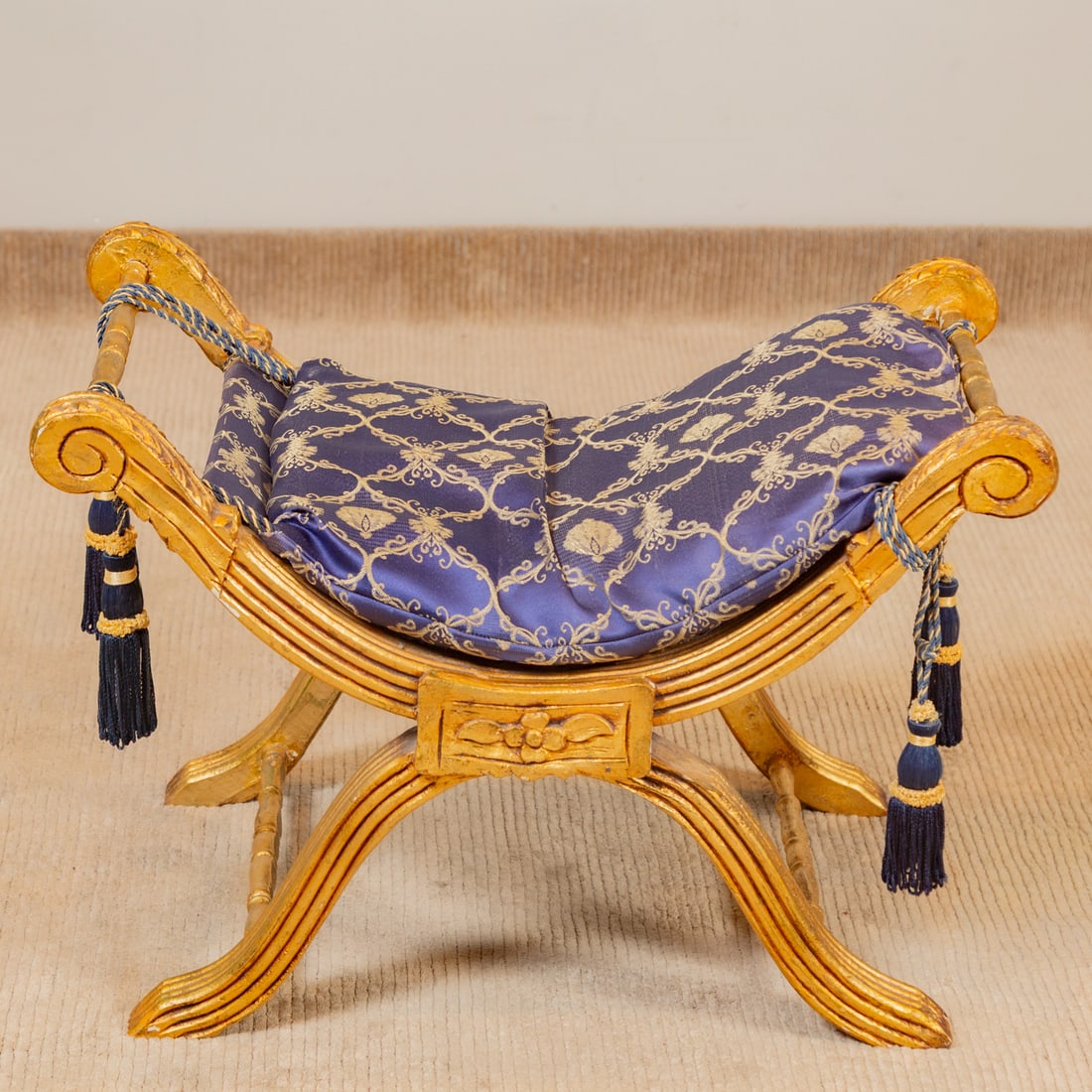 Regency Style Cerule Form Bench: Carved and giltwood bench with upholstered seat, 20 in. H, 29 1/2 in. W, 18 1/2 in. D