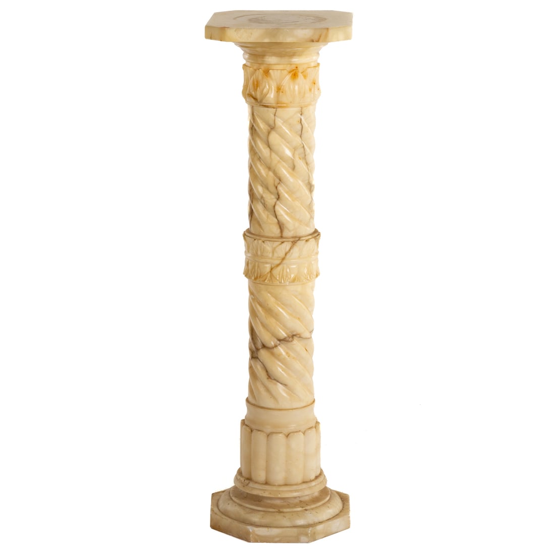 Victorian Carved & Twisted Marble Column: Cut corner top resting on a carved shaft ending in an octagonal base, 39 1/4 in. H, 10 3/4 in. Sq.