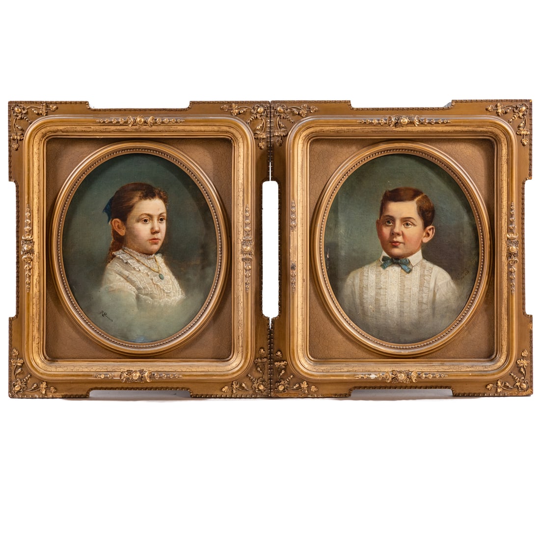 Raphael Strauss. A Pair of Victorian Portraits, oil: (American, 1830-1901) Each oil on canvas, one dated "Dec. 1877" on verso and signed "R. Strauss" ll, the other signed "R Strauss" and dated "Dec 1878" lr, oval sight size of each: 16 1/4 x 13 1/4