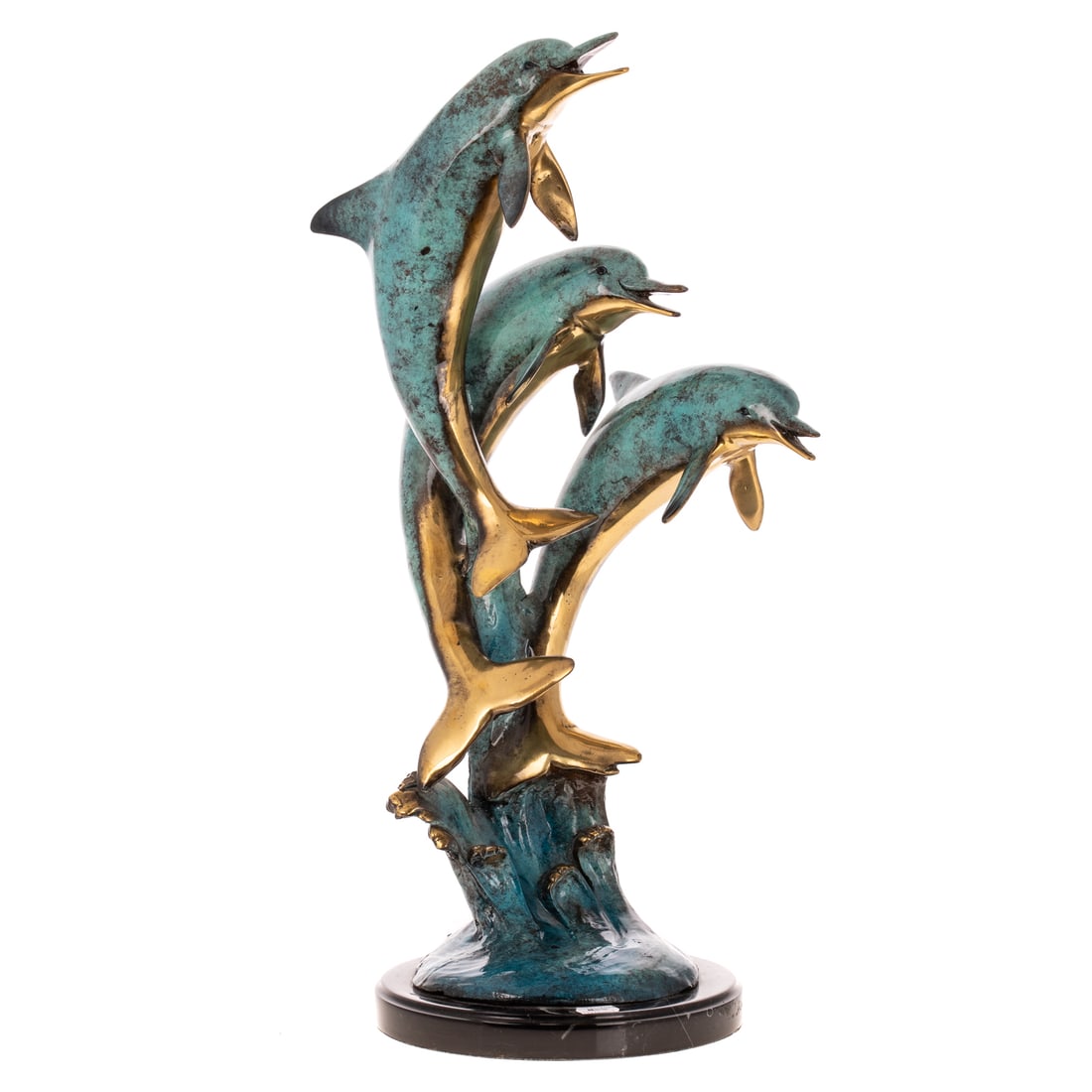 A Bronze Trio of Dolphin Swimming: Cast bronze sculpture, hand finished in an enamel plated patina atop a round marble base, manufactured by Timeless Bronze Co., 23 in. H, 14 in. W, 13 in. D