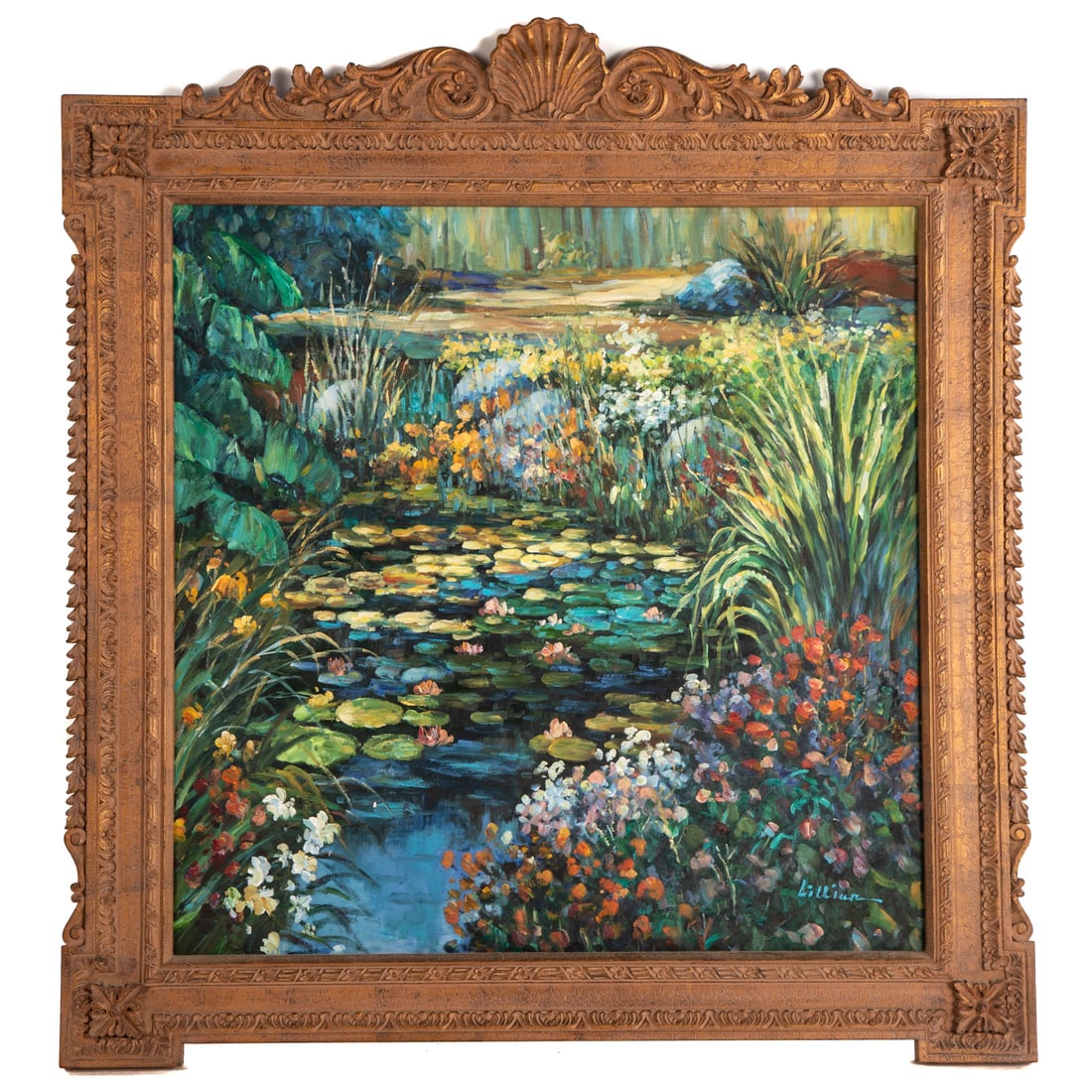 Lillian. Impressionistic Water Lilies, oil: (20th century) Oil on canvas, signed "Lillian" lr, studio inventory stamp on verso, sight size: 35 1/4 x 35 in., framed size: 48 1/2 x 45 in.