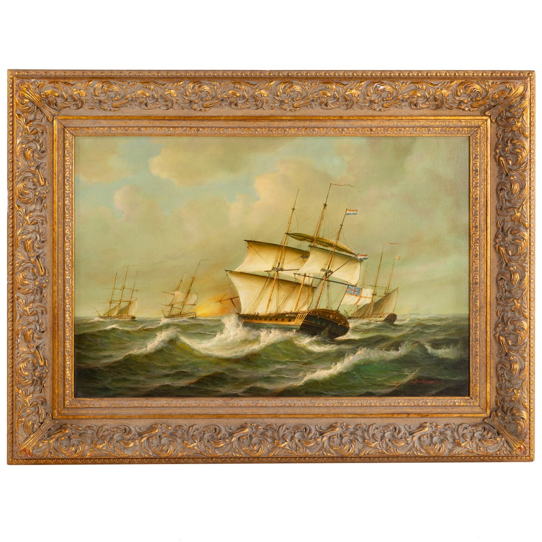 Jean Laurent. Dutch Naval Vessels at Sea, oil: (20th century) Oil on canvas, signed lr, studio inventory stamp on verso, sight size: 23 1/4 x 35 1/4 in., framed size: 35 x 47 in.