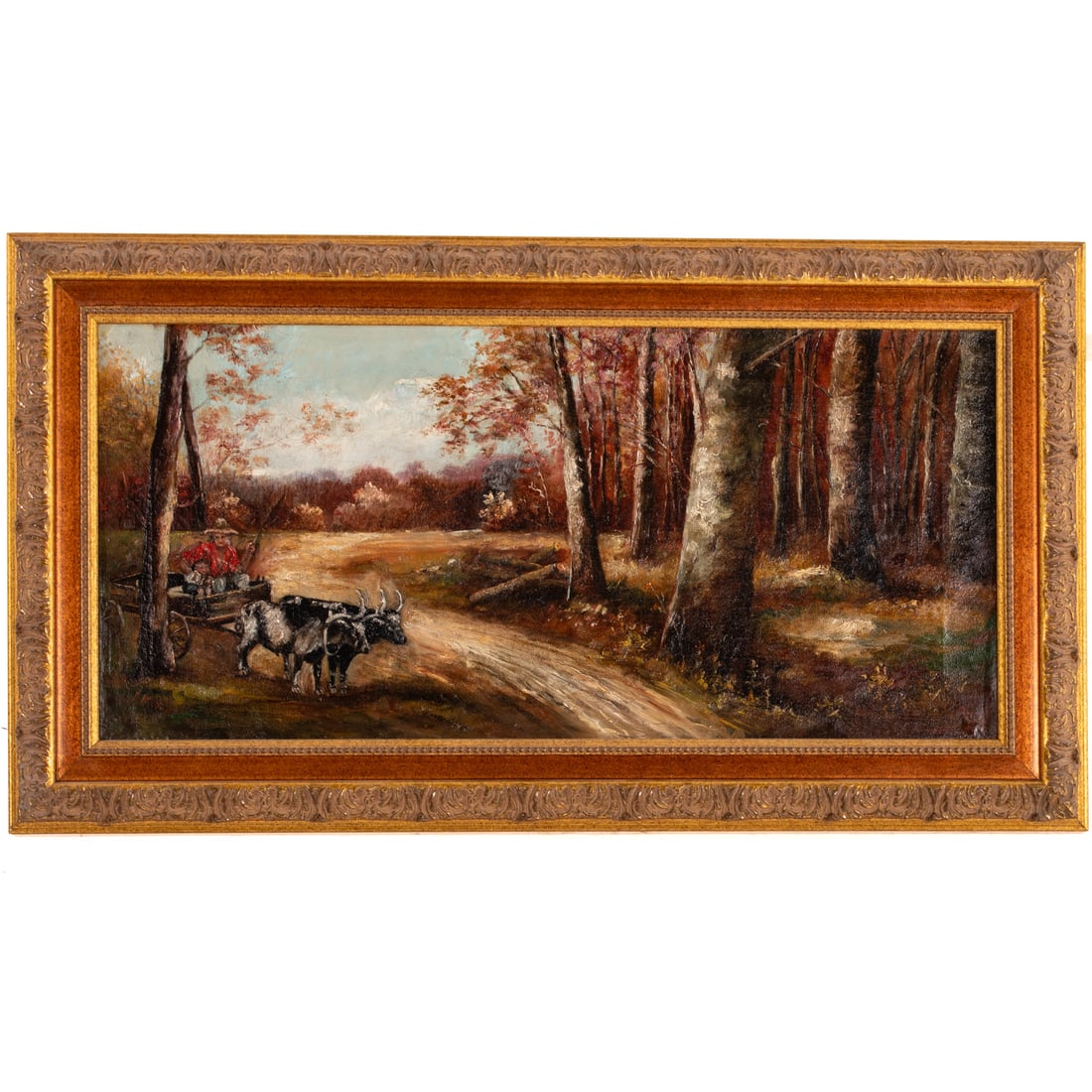 Continental School. Ox Cart on Woodland Road, oil: (Early 20th century) Oil on canvas, 1901, signed illegibly and dated lr, sight size: 12 x 25 3/4 in., framed size: 17 x 31 in.