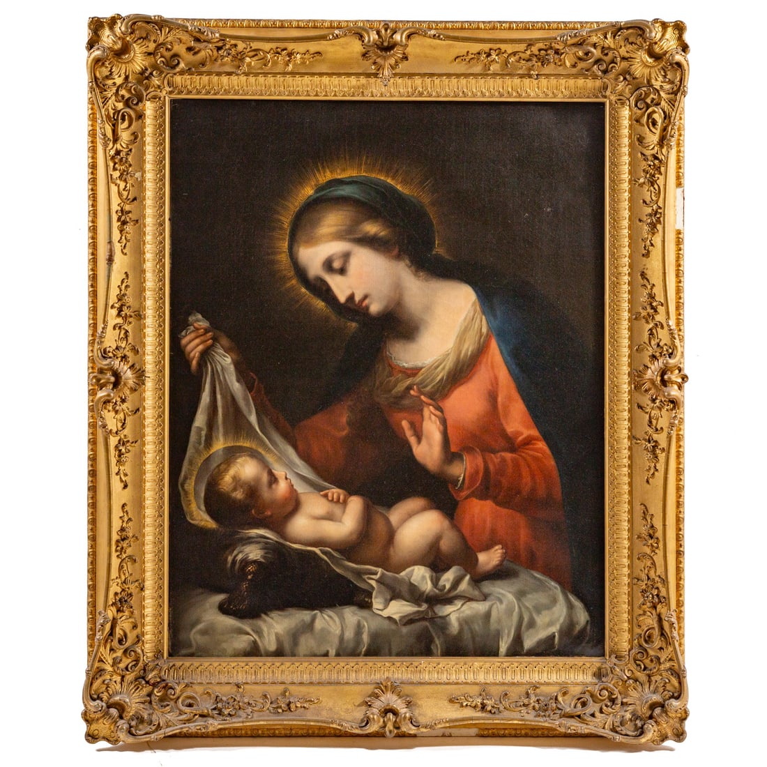 After Carlo Dolci. "Madonna of the Veil," oil: (19th century) Oil on canvas, copy of the original, unsigned, 39 x 29 in., framed size: 48 x 39 1/2 in., for similar see Weschler's Auctions, October 22, 2024