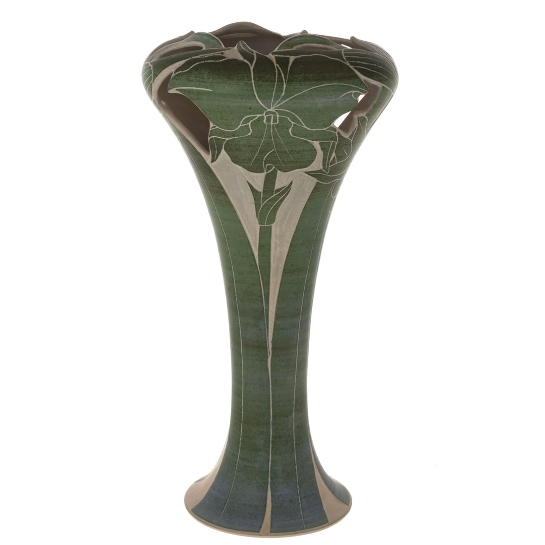 Art Nouveau Style Signed Pottery Vase: A matte green and cream glazed floral pottery vase with narrow body and everted base and rim with cut outs, illegibly signed on bottom possibly "Hoan & Blitti" dated 1998, 18 1/4 in. H, 9 1/4 in.