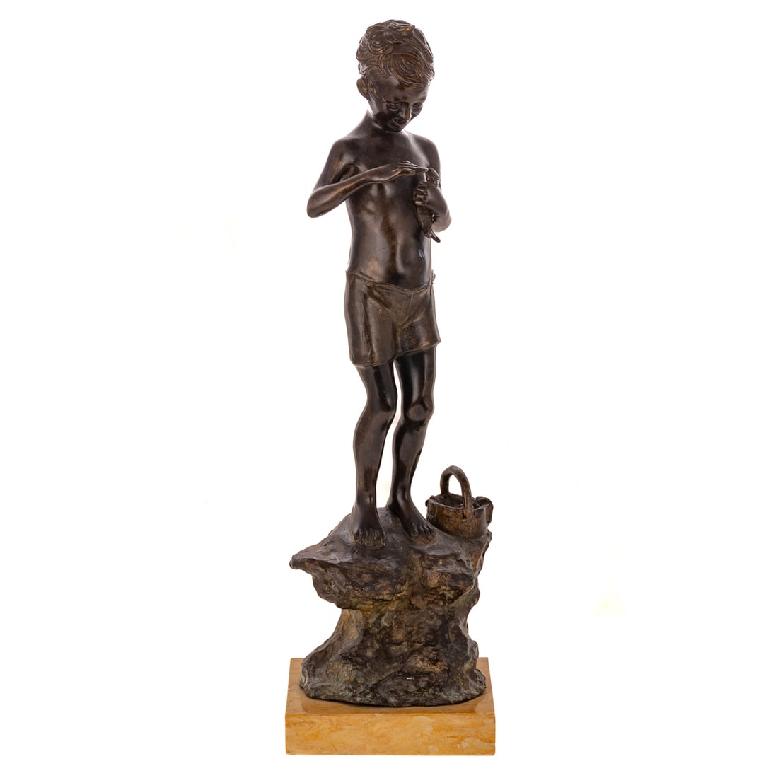 Italian Patinated Bronze Fisher Boy on Plinth: Giovanni de Martino (Neopolitan 1870-1935) dark brown patina on variegated yellow marble, height overall with plinth: 19 in. H