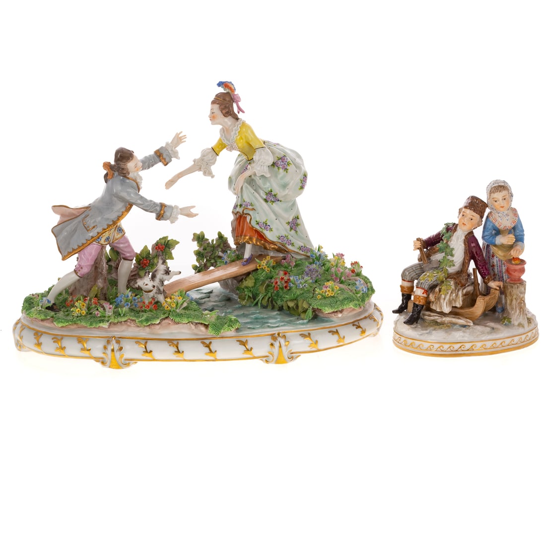 Sitzendorf & Dresden Style Porcelain Groups: A rococo style group on floral encrusted terrain base, the act of crossing a bridge, 13 1/2 in. W an allegory of autumn and winter, with spurious Meissen mark, 6 in. H