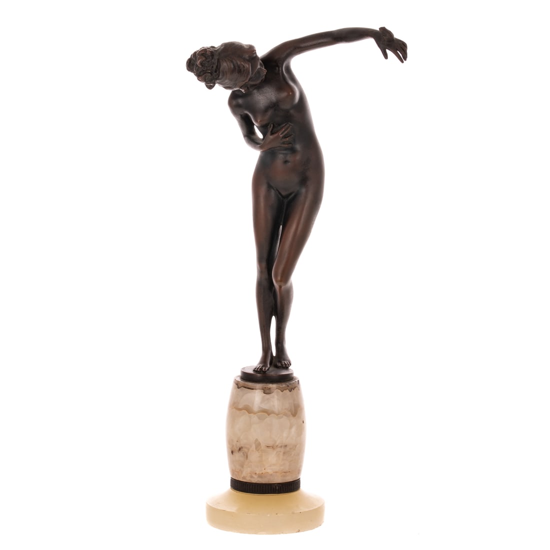 Patinated Bronze Nude Bather with Frog: Hella Unger (1875-1932) irregular black and copper patina, mounted on onyx alabaster base, incised signature to top and stamped edition to side, overall height: 15 in. H