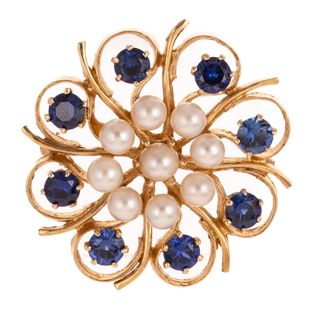 A Pearl & Synthetic Sapphire Pinwheel Brooch in 14K (1 of 3)