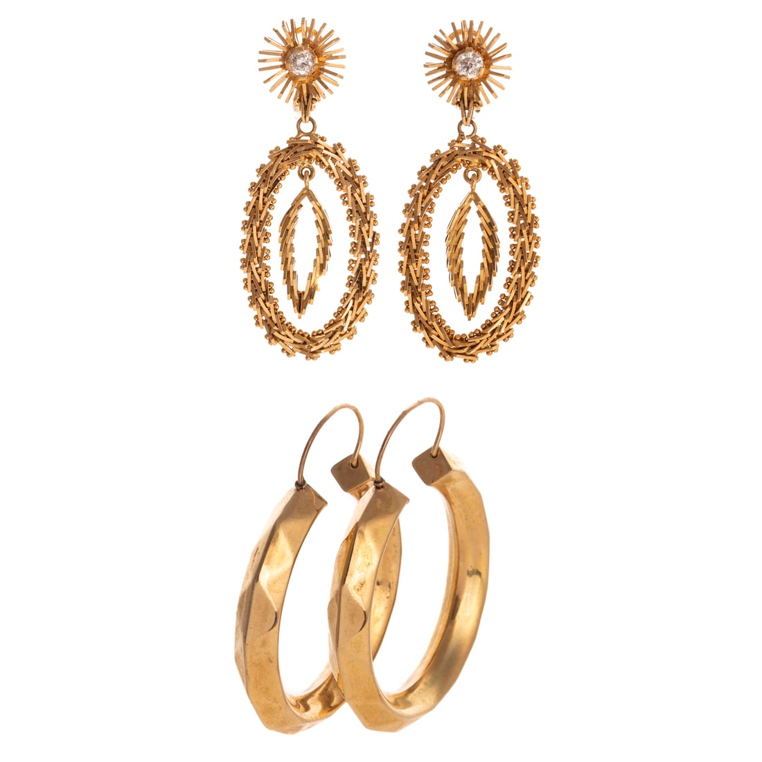 A Pair of Diamond Earrings & Hoops in 18K: 1) 18K yellow gold dangle earrings featuring two faceted brick link ovals with a faceted brick link dangle centering a round diamond 0.44 ctw with an average color grade of I - J and and average clari