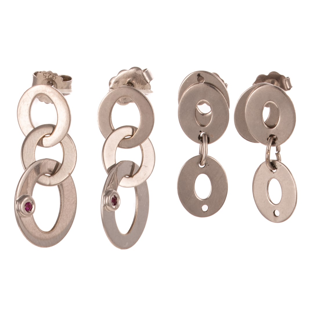A Pair of 18K Roberto Coin Earrings & More: 1) 18K white gold triple open dangle earrings by Roberto Coin, signed with signature ruby and mark, posts with Friction backs, 1 in. L, and 2) 14K white gold earrings with three open oval discs, botto