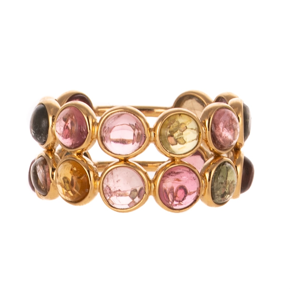 A Multi-Colored Tourmaline Band in 18K: 18K yellow gold double row band featuring round cabochon multi-colored tourmalines weighing approx. 4.90 ctw, all bezel set, sz 5.25, 3.2 grams