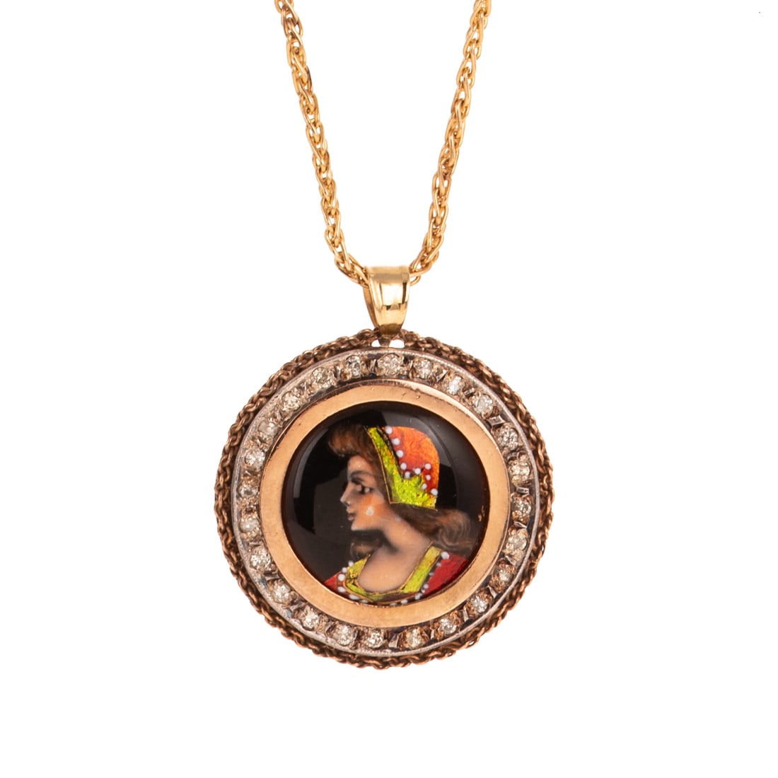 An Antique Enamel Lady & Diamond Pendant Necklace in 18K (1 of 4)
