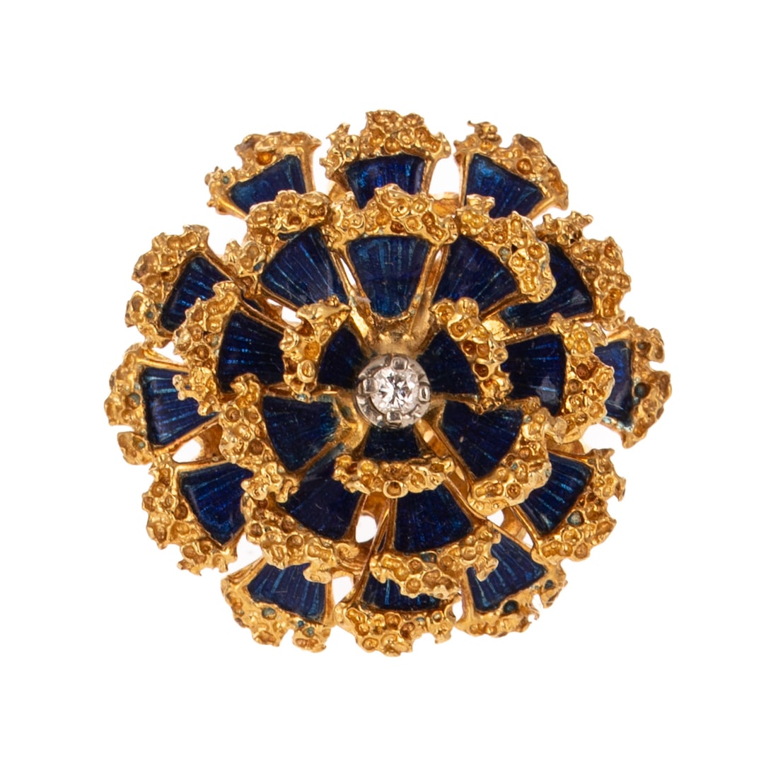 A Blue Enamel & Diamond Flower Ring in 18K: 18K yellow gold flower cocktail ring made in Italy with blue enamel petals and round diamond weighing approx. 0.05 ct prong set in the center, sz 9, 11.5 grams