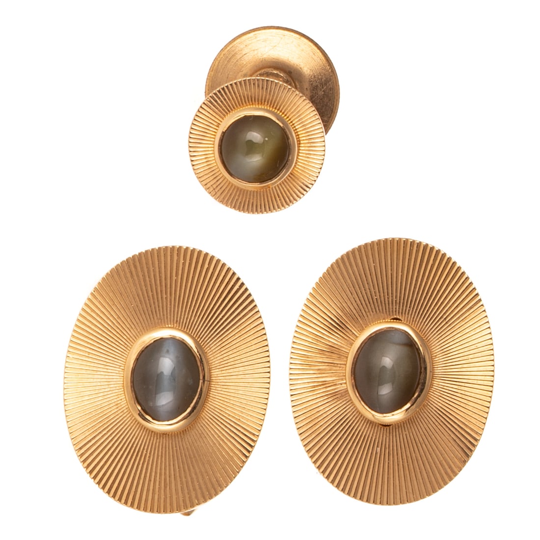 A Pair of Cat's Eye Chrysoberyl Cufflinks & Tie Tack in 14K (1 of 4)