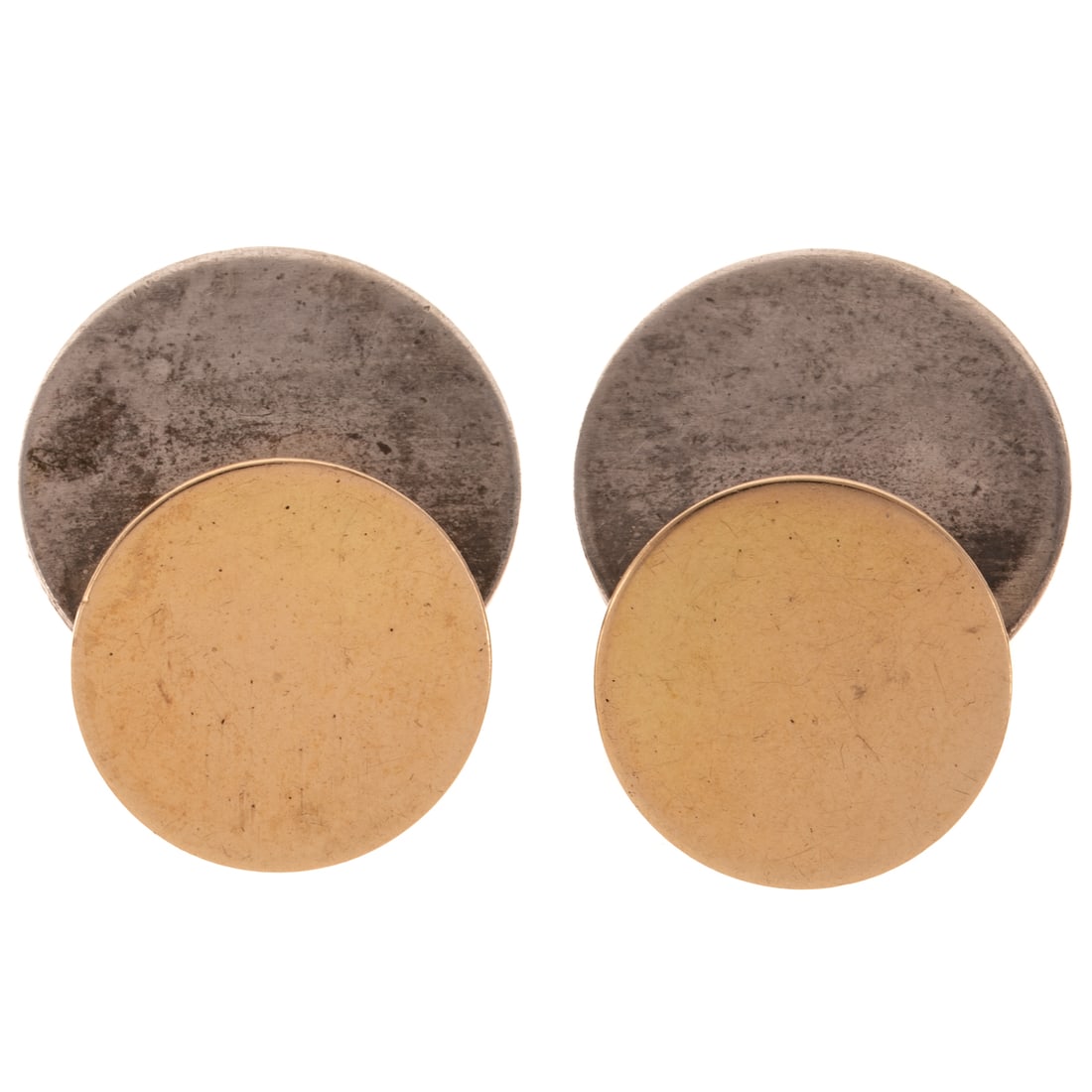 A Pair of Betty Cooke Earrings in 14K & Sterling Silver: 14K yellow gold and sterling silver double disc earrings by Betty Cooke (1924 - 2024), Baltimore, MD, both signed, post damaged and one missing, 1 in. L, 8.2 grams