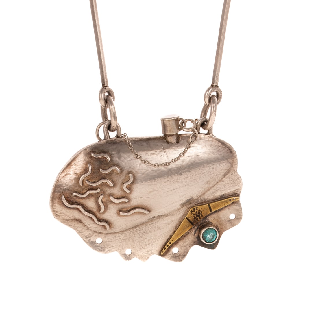 A Cynthia Rosenblatt Modern Necklace in Sterling Silver: Sterling silver necklace by Cynthia Rosenblatt, Mechanicsville, MD, freeform puffed perfume bottle central pendant with bezel set blue zircon, long bar link chain and hook clasp, 24 in. L, 64.5 grams