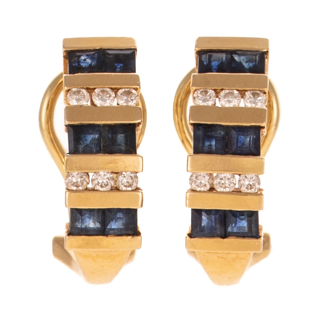 A Pair of Sapphire & Diamond Earrings in 14K: 14K yellow gold half hoop earrings featuring square cut sapphires channel set weighing approx. 1.20 ctw alternating with round diamonds weighing approx. 0.25 ctw, posts with omega backs, 3/4 in. L,