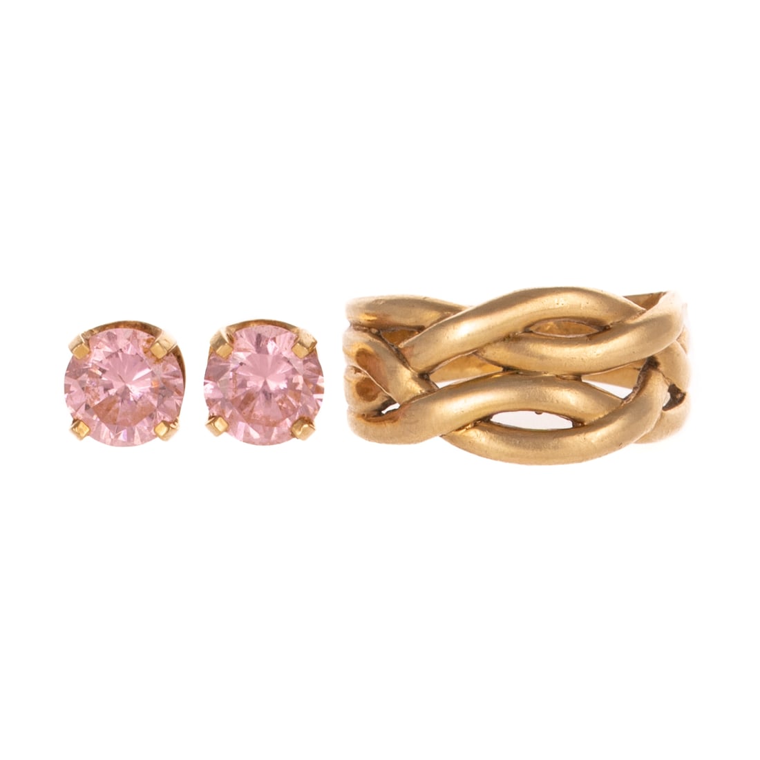 A Knot Ring & Pink Tourmaline Studs in 14K: 1) 14K yellow gold knot ring featuring four interwoven bands, 9.5 mm W at widest point, sz 6.25, and 2) 14K yellow gold studs featuring round pink tourmaline measuring 6.5 mm, posts, 6.0 grams tw