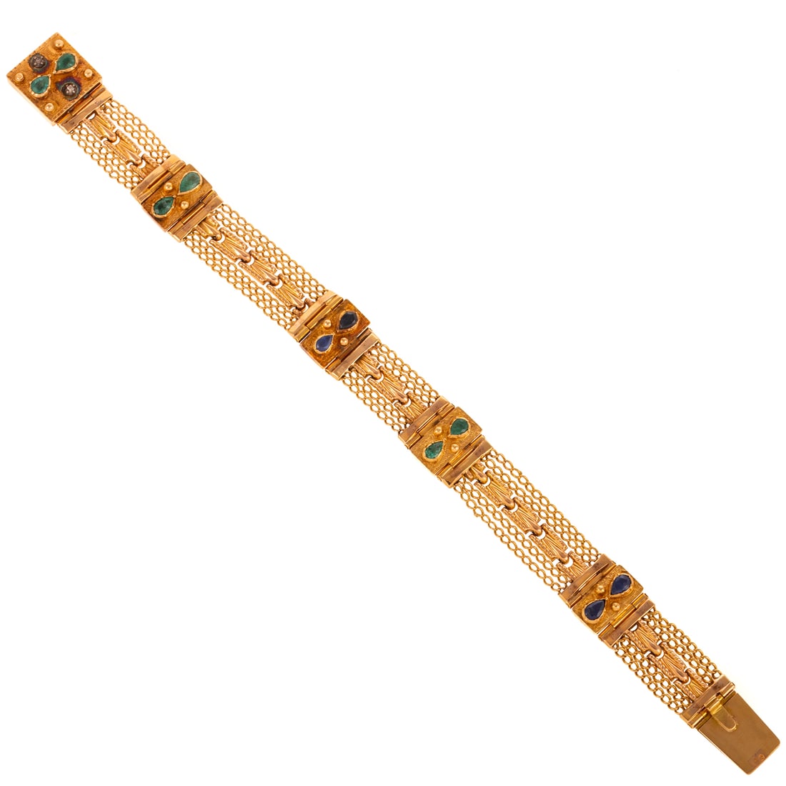 A Sapphire & Emerald Chain Link Bracelet in 18K: 18K yellow gold Etruscan revival style bracelet with four rectangular plaques featuring pear shape emeralds and sapphires in alternating links with six rows of chain links, square box clasp featuring