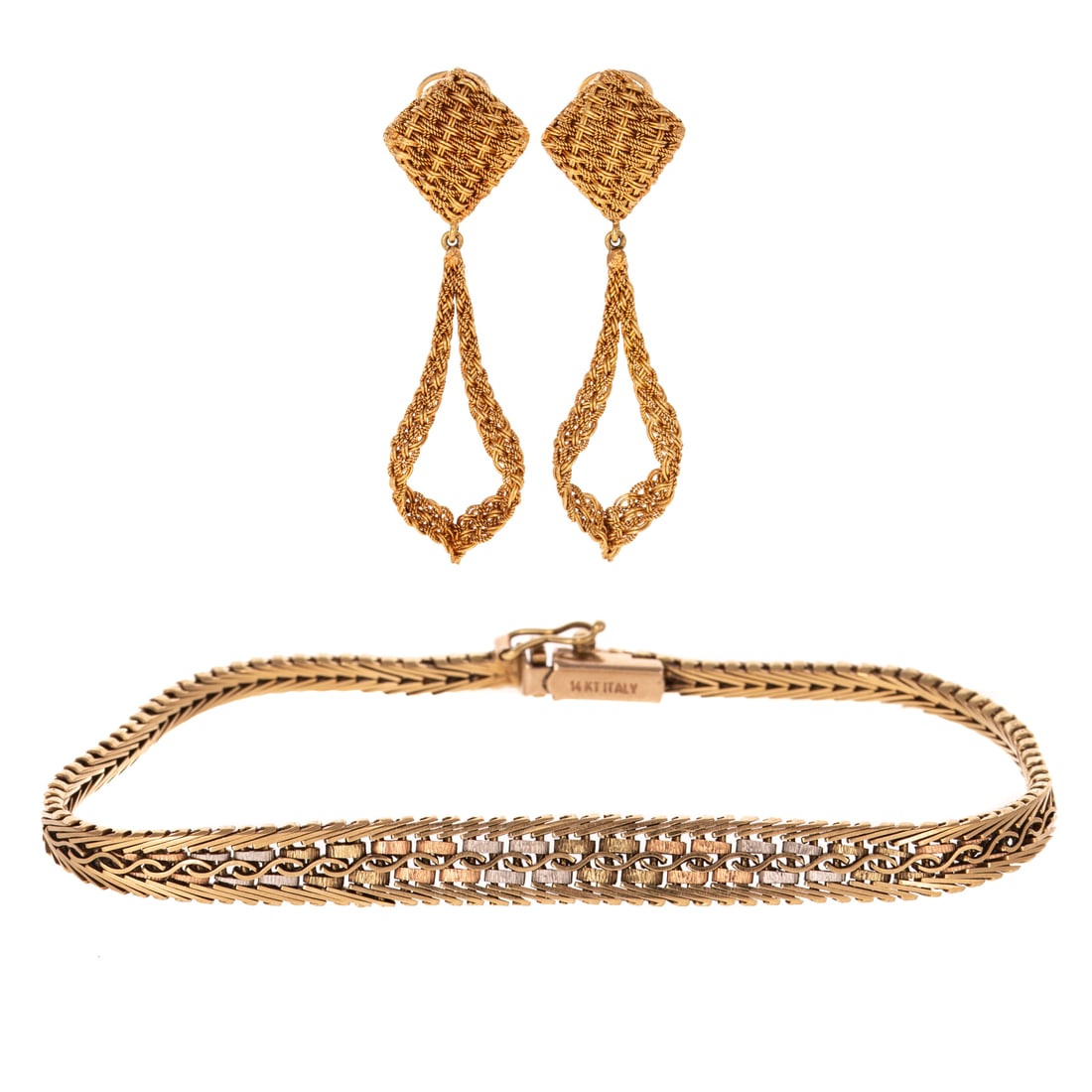 A Pair of 18K Dangle Ear Clips & 14K Bracelet (1 of 4)