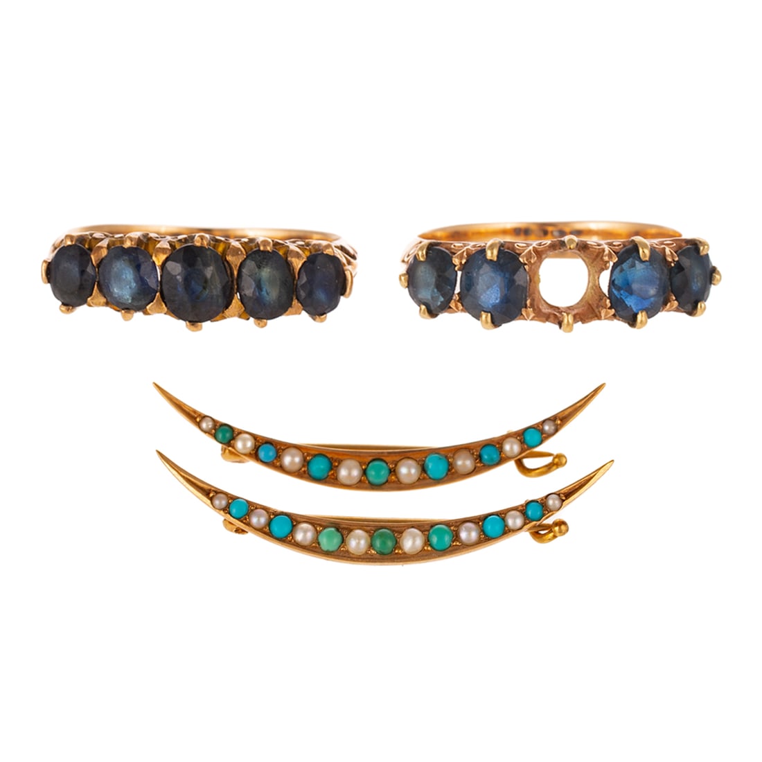 Two Vintage Sapphire Rings & Crescent Brooch in 14K: 1) 14K yellow gold ring featuring a line of prong set round sapphires with engraved details, sz 5.5, 2) 14K yellow gold ring featuring a line of prong set round sapphires with center sapphire missing,