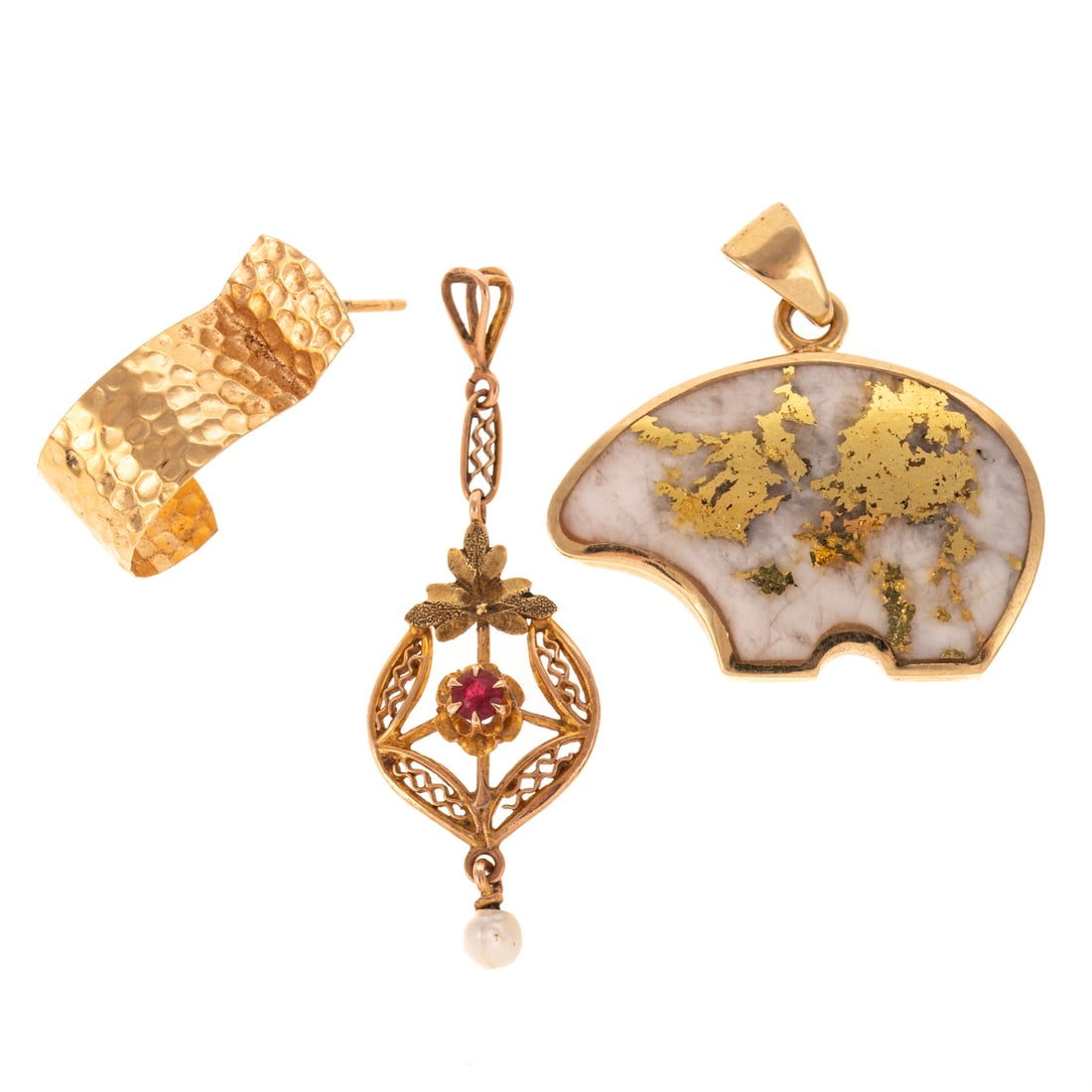 An Earring & Two Pendants in Gold: 1) 14K yellow gold pendant featuring a white quartz polar bear with gilt accents, bezel set, 1 in. W, 2) Vintage 10K yellow gold filigree pendant with leaf motif above a round red accent and seed pear