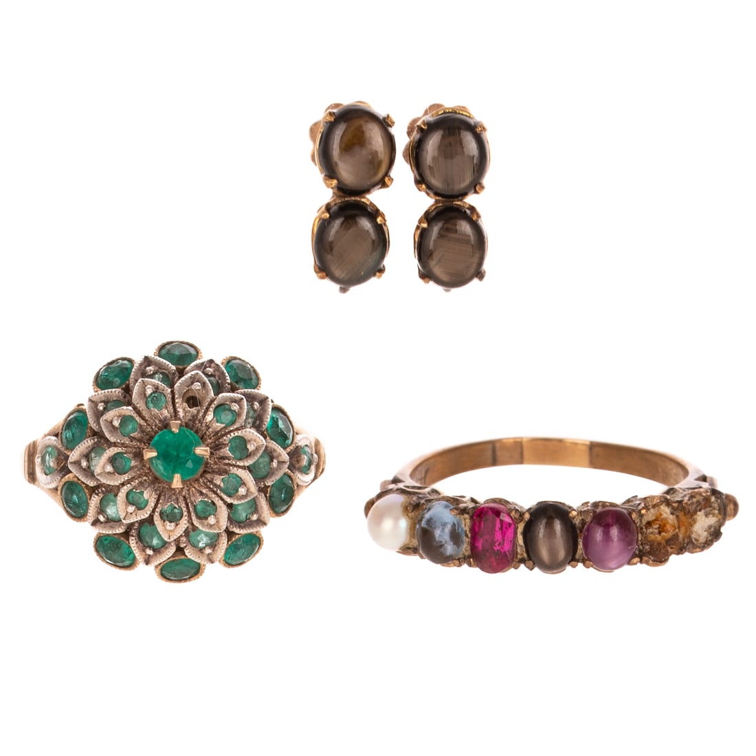 Two Gemstone Rings & Pair of Ear Clips in Gold (1 of 5)