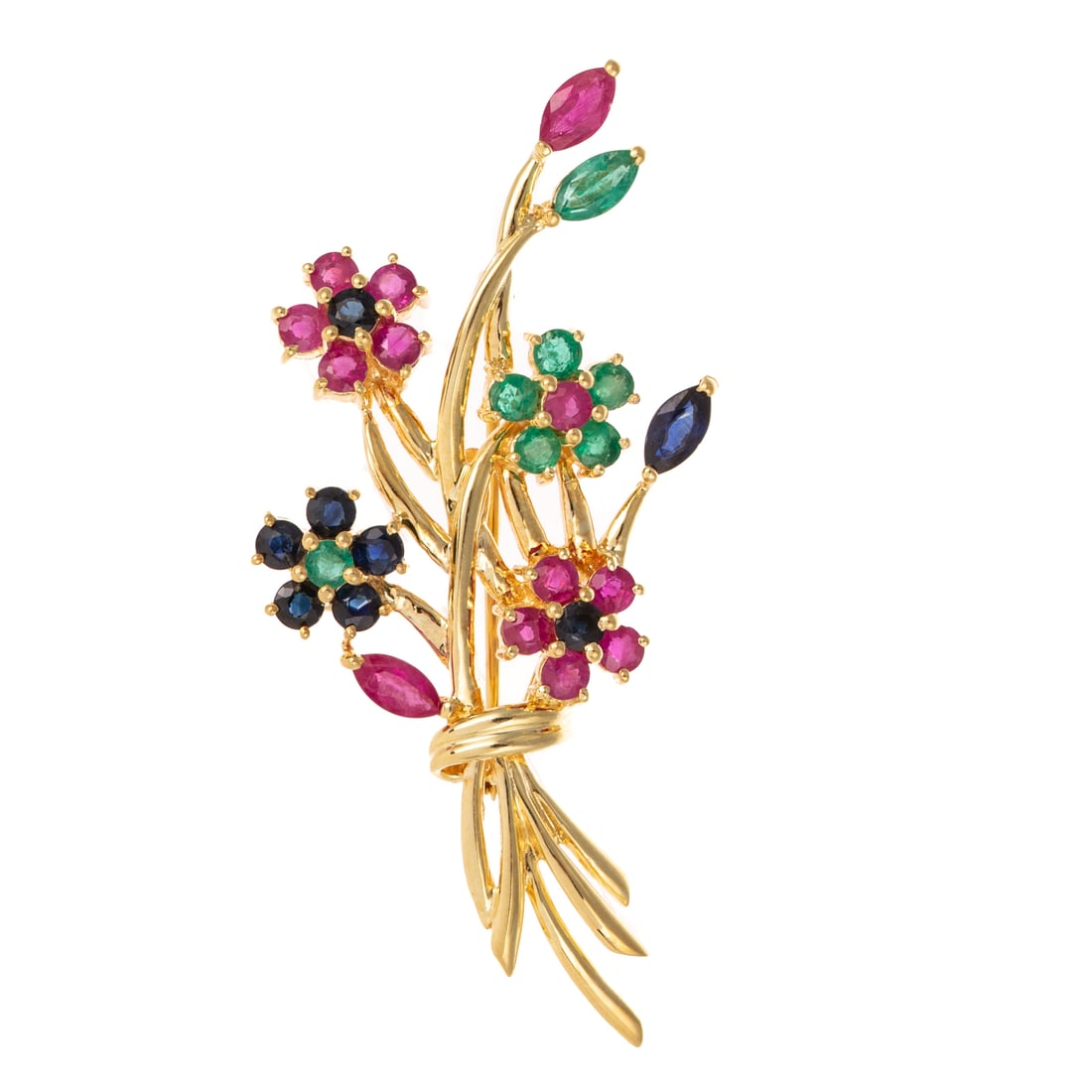 A Ruby, Sapphire & Emerald Flower Brooch in 14K (1 of 3)