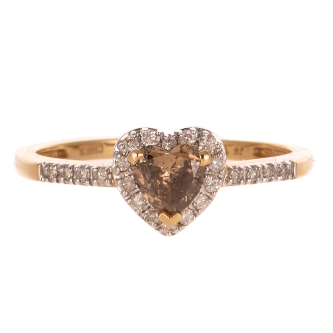 A Heart Shape Cognac Diamond Ring in 14K: 14K yellow gold ring featuring a heart shape cognac diamond weighing approx. 0.50 ct with a halo of white diamonds, sz 9, 2.6 grams Provenance: From the Estate of Nancy Muir, Baltimore, MD