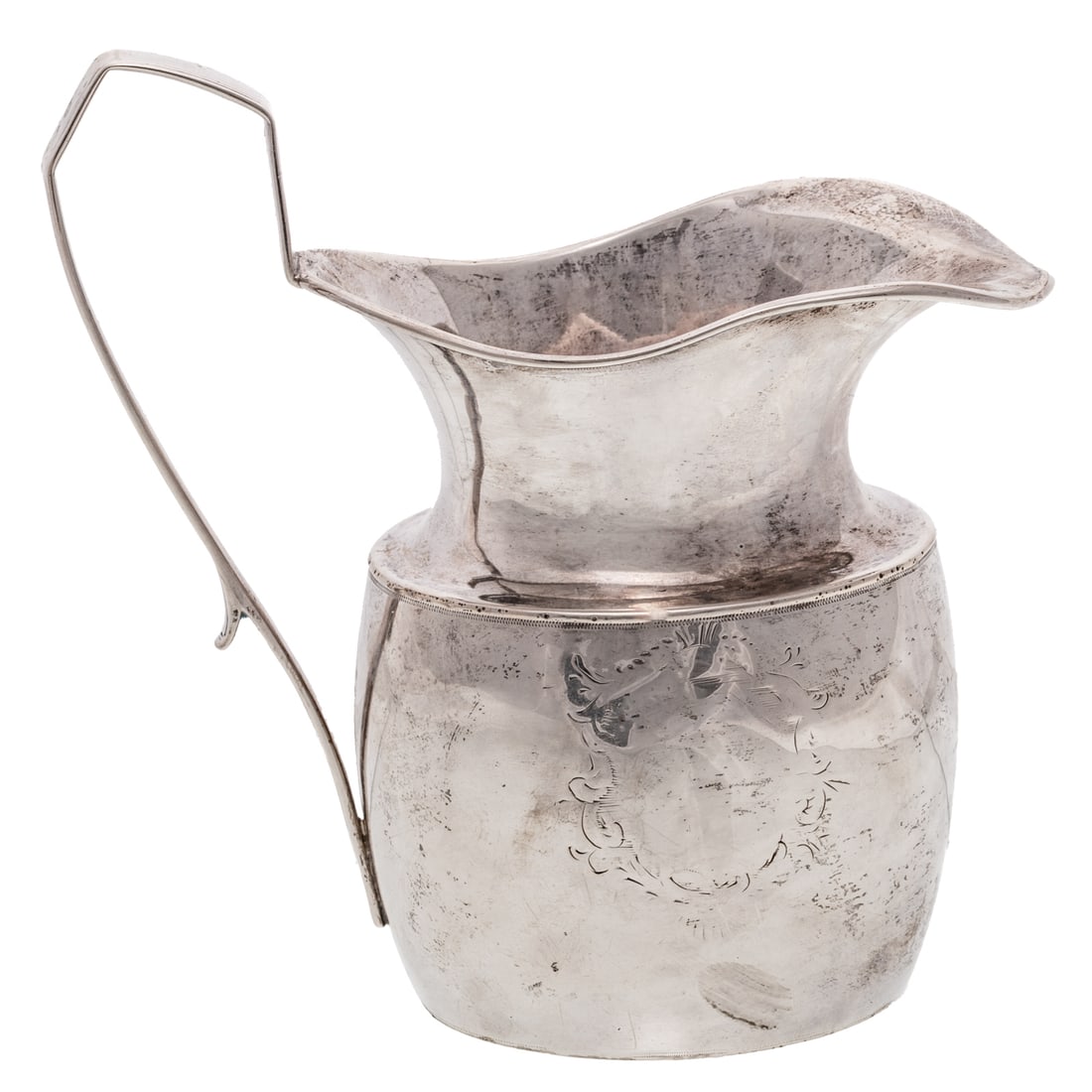 Baltimore Coin Silver Creamer by George Riggs: Circa 1810, urn-form, one side with a chased floral cartouche, elongated handle, 5 1/8 in. H, 5.45 ozt.