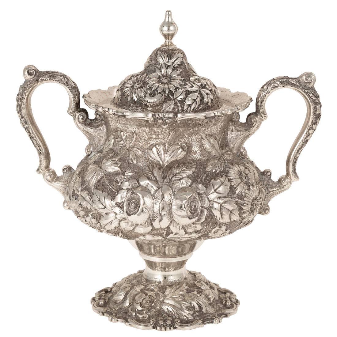 Stieff Sterling "Rose" Covered Sugar: 1926 date mark, model# 28, urn-form, decorated allover with repousse roses, foliage and other flowers, against a stippled ground, applied scroll rims, floral covered c-scroll handles, 6 in. H, 9.25