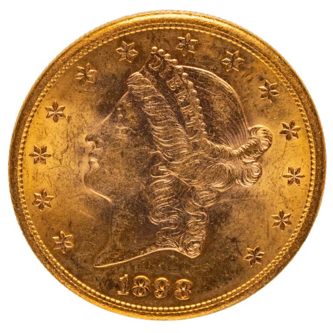 1898-S $20 Liberty Gold Double Eagle AU58: Very lustrous with strong cartwheels. Smidgen of wear in the hair. One wonders what this coin saw at the turn of the 20th century Provenance: Lifetime collection of long time Baltimore collector