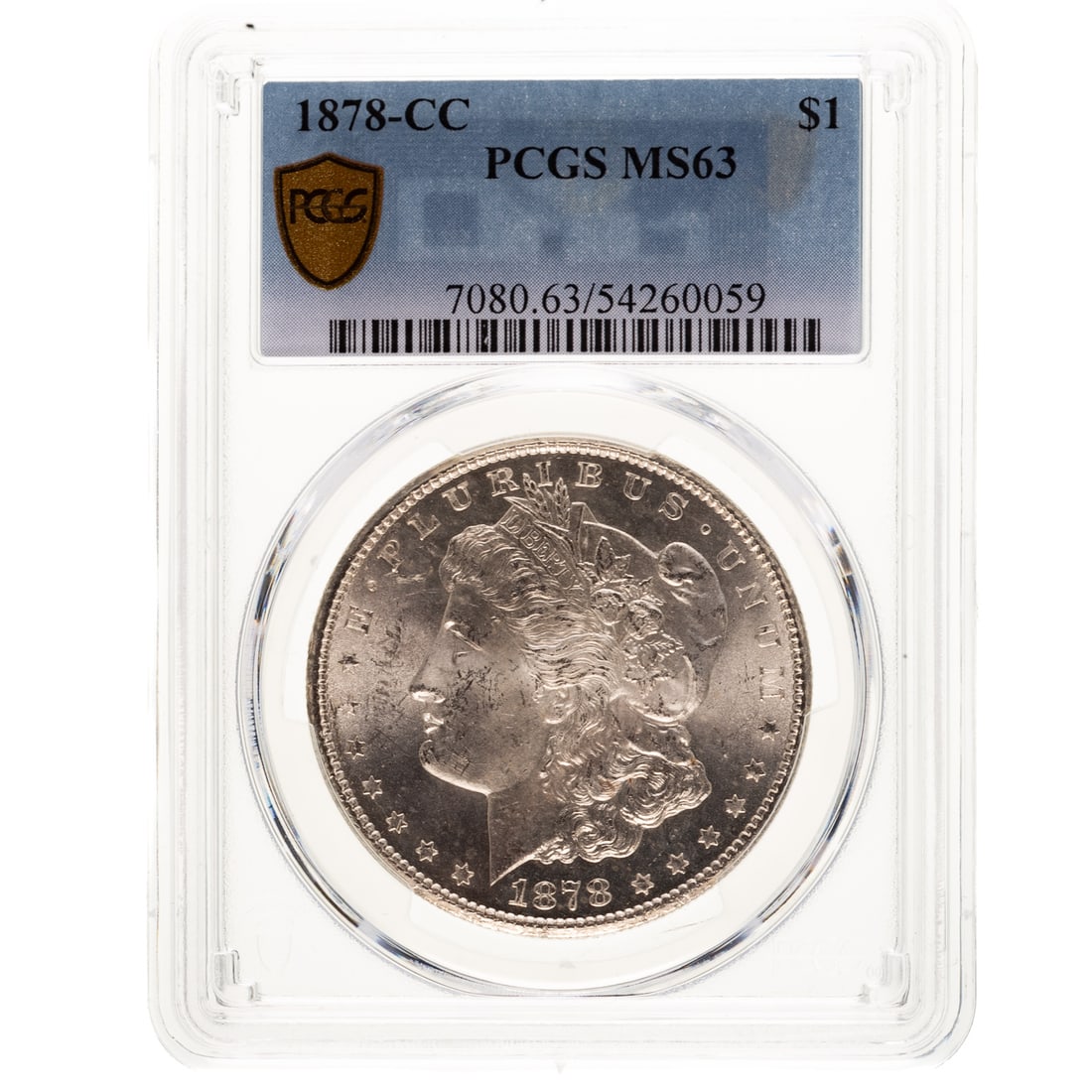 1878-CC Morgan PCGS MS63: Nice original 78-CC with full luster and original mint bloom, especially around the edges. The reverse has a myriad of raised die lines on the bottom third which probably point to a VAM variety. CC