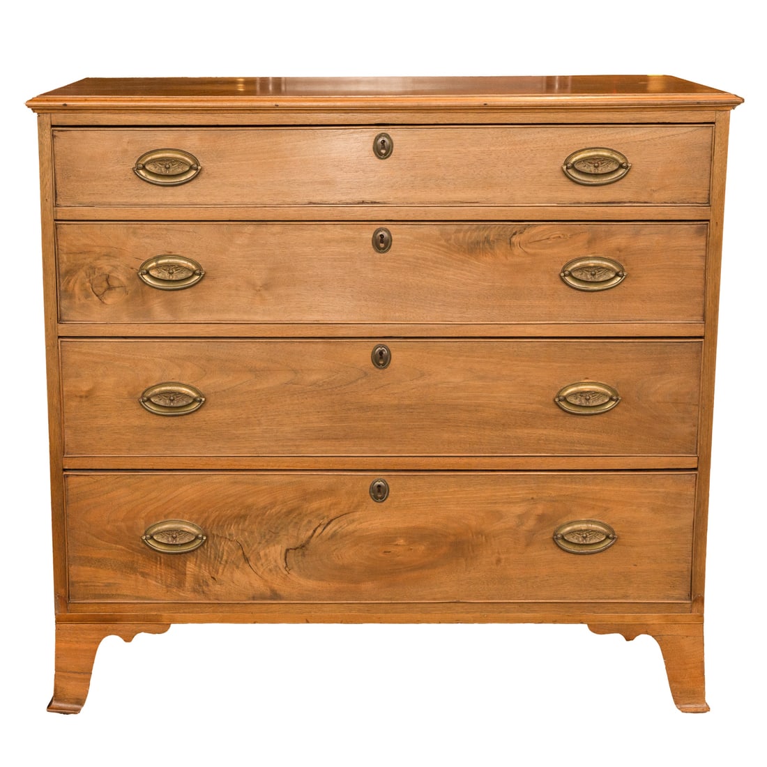 Federal Mahogany Chest of Drawers: Circa 1800, molded top over four cockbeaded drawers ending in French feet, 36 1/2 in. H, 21 in. W, 39 1/4 in. D