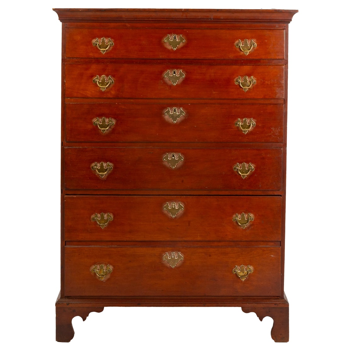 Late Federal Mahogany Tall Chest of Drawers: (Probably Pennsylvania, circa 1820) Projecting cornice over five graduated drawers ending in bracket feet, 55 3/4 in. H, 40 in. W, 20 1/2 in. D