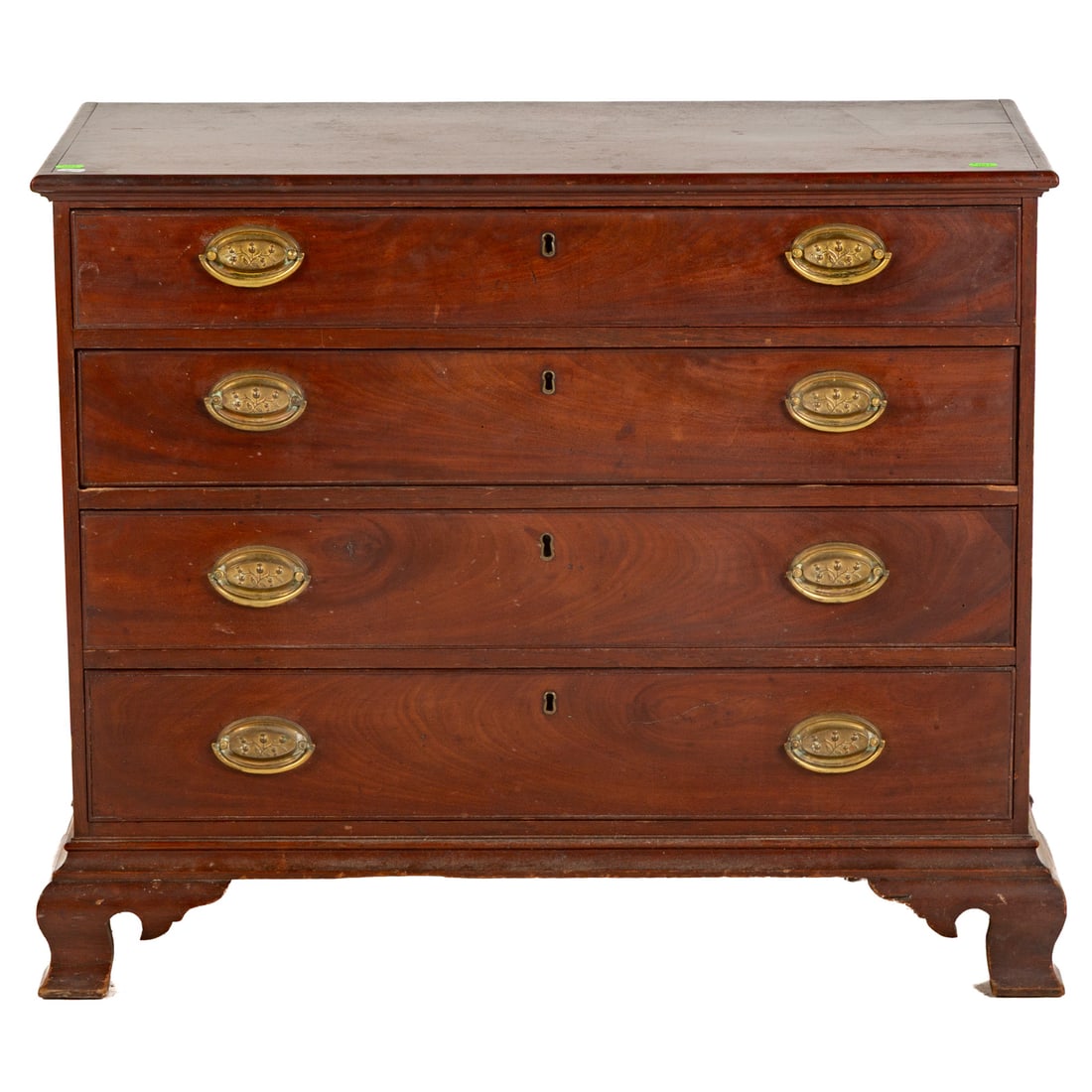 Federal Mahogany Bachelor's Chest of Drawers: Circa 1810, molded top over a four cockbeaded graduated drawer case, ending in bracket feet, 31 1/4 in., 37 in. 19 in. D Provenance: From the Estate of James Plumer, Baltimore, MD. Jim was a longtime