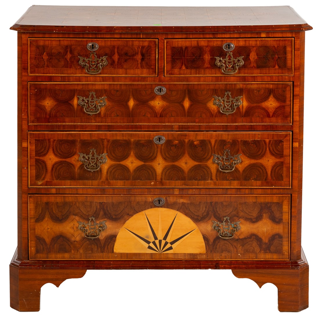 William & Mary Style Oyster Veneered Inlaid Chest: Inlaid and molded top with pronounced overhang above two over three-drawer configuration ending in bracket feet, 37 1/2 in. H, 39 1/4 in. W, approx. 21 1/2 in. D