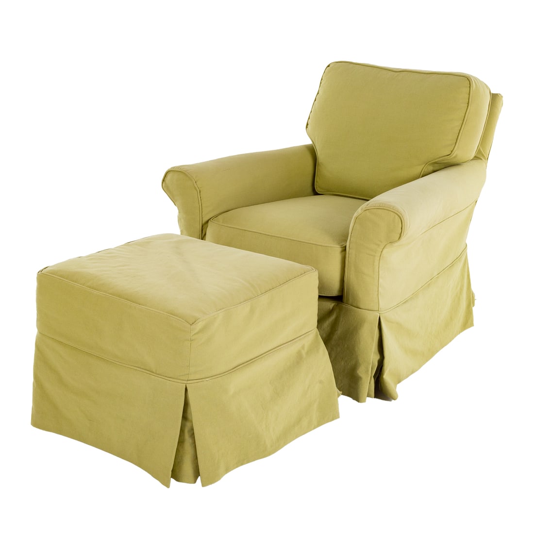 Crate & Barrel Slip Covered Chair & Ottoman: Fully upholstered frame; 33 in. H, 33 in. W, 30 in. D; together with a matching ottoman, 17 1/2 in. H, 22 in. Sq.