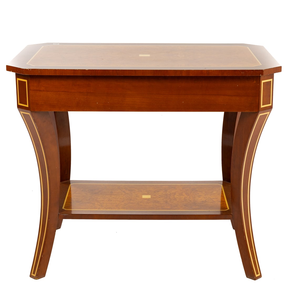 Continental Inlaid Burled Walnut Work Table: Inlaid cut corner top over a extended apron supported by curvelinear legs connected with a matching undershelf, 30 in. H, 36 in. W, 24 in. D