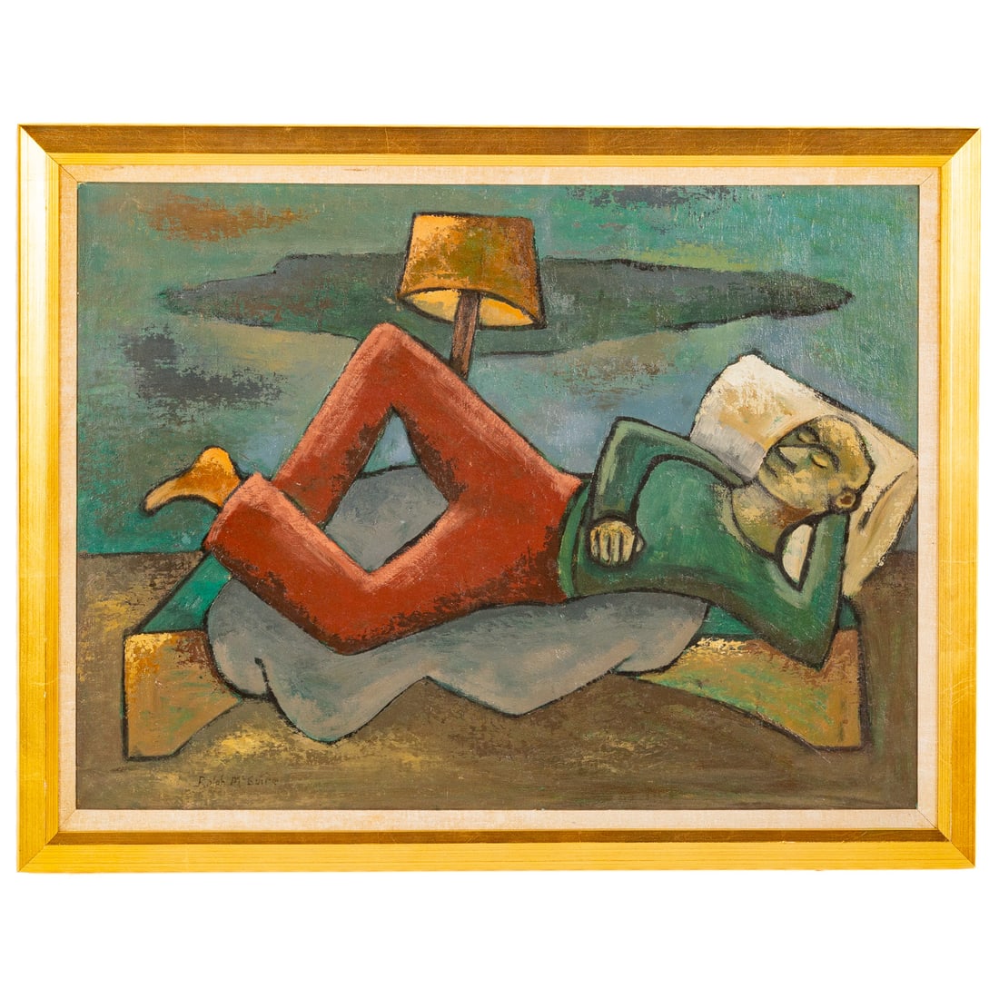 Ralph McGuire. Reclining Man, oil: (American, 1917-2006) Oil on board, signed "Ralph McGuire" ll, sight size: 17 1/2 x 23 1/2 in., framed size: 21 x 27 1/2 in. Provenance: From the Collection of the Baltimore city Historical Society, p